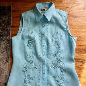 Vintage NWOT Edward turquise/blue embroidered Irish linen shirt women's small